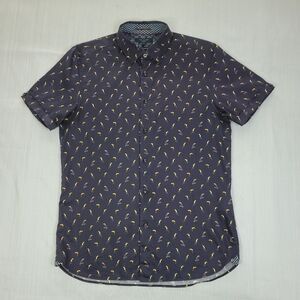 Ted Baker London Phmingo Bird Print Shirt Mens 3 Medium Slim Fit Blue Button Up